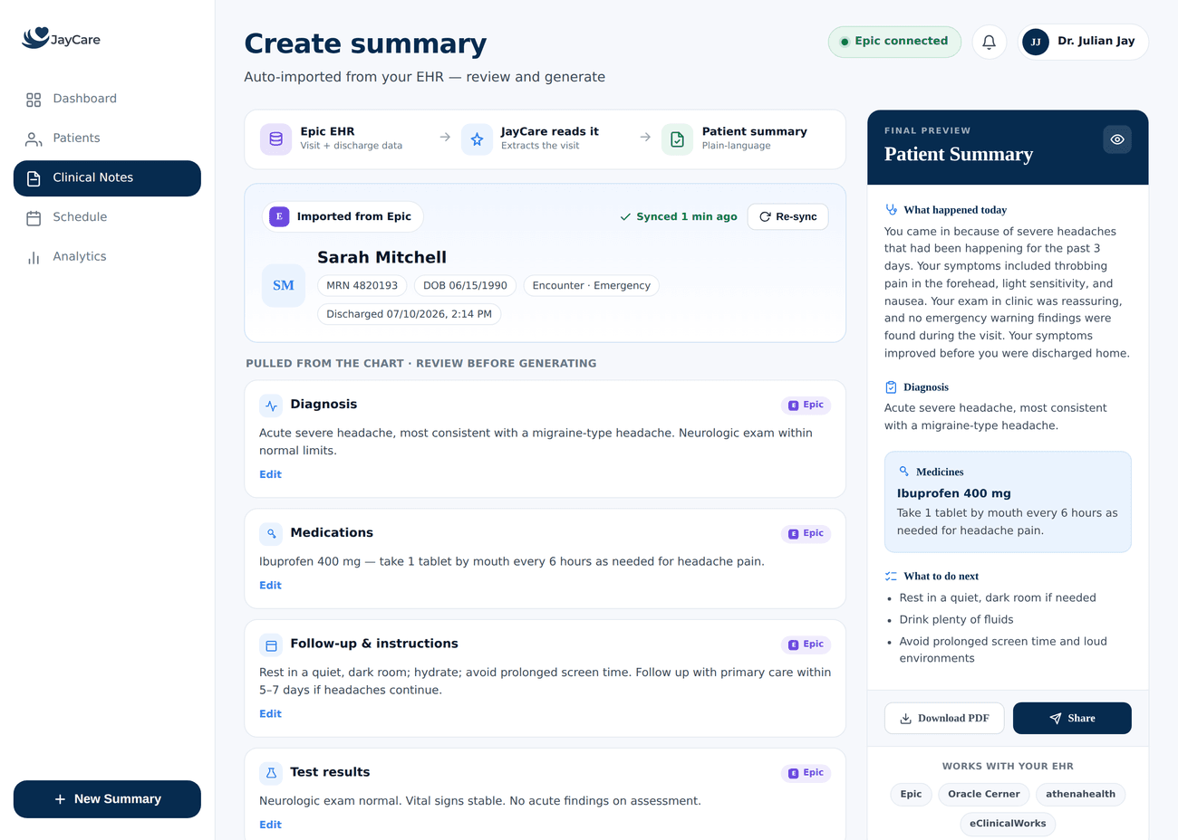 JayCare create summary, pulled from your EHR